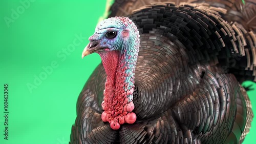 Domestic Turkey with Colorful Head and Neck on Green Screen Background