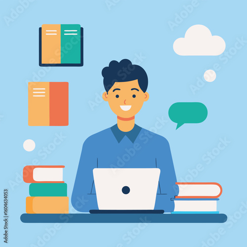 Student attending online classroom virtual learning isolated on white background