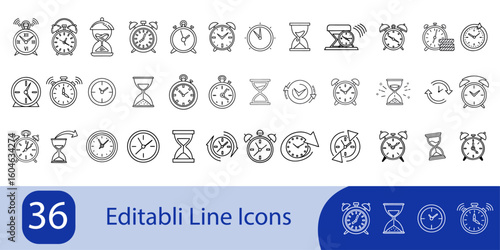 Clock, time line editable icon set. Vector illustration in modern thin line style of clock related icons, timer, stopwatch, alarm and more. Isolated on transparent background.