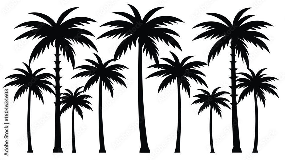 Obraz premium Set of 10 different tropical palm tree silhouettes isolated on white background