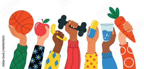 black and white health icons featuring sports, nutrition, and wellness items — basketball, dumbbell, fruits, pill, and water for healthy living