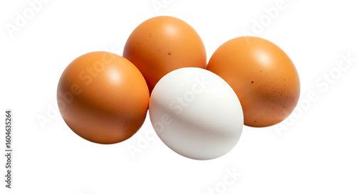 3d illustration of three brown eggs and one white egg on a transparent background