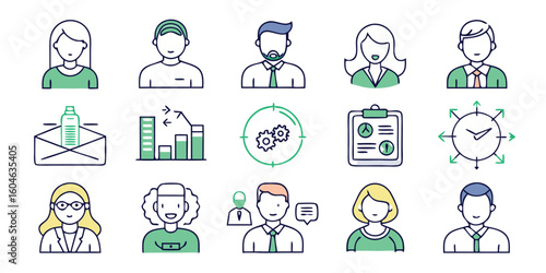Line icons of diverse people representing various professions.eps