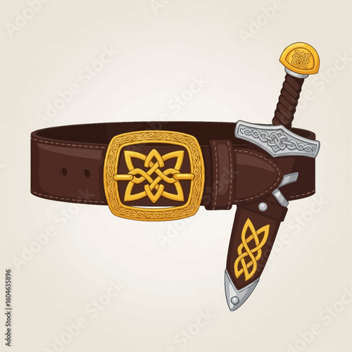 Brown Leather Belt with Golden Buckle and a Small Sword