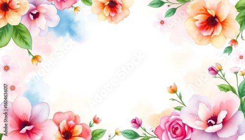 Pastel watercolor floral frame, blank invitation template,  blossom,  spring