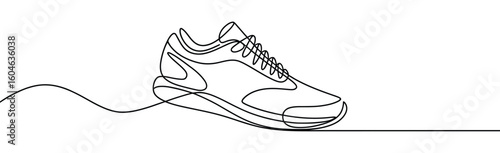 continuous line drawing of sneaker in black and white, minimalist one-line vector illustration representing fashion, footwear, and style