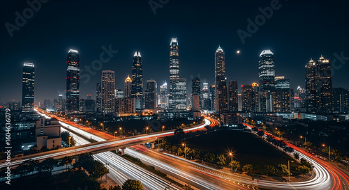 Night Cityscape: Stunning Aerial View Of Illuminated Skyscrapers And Traffic