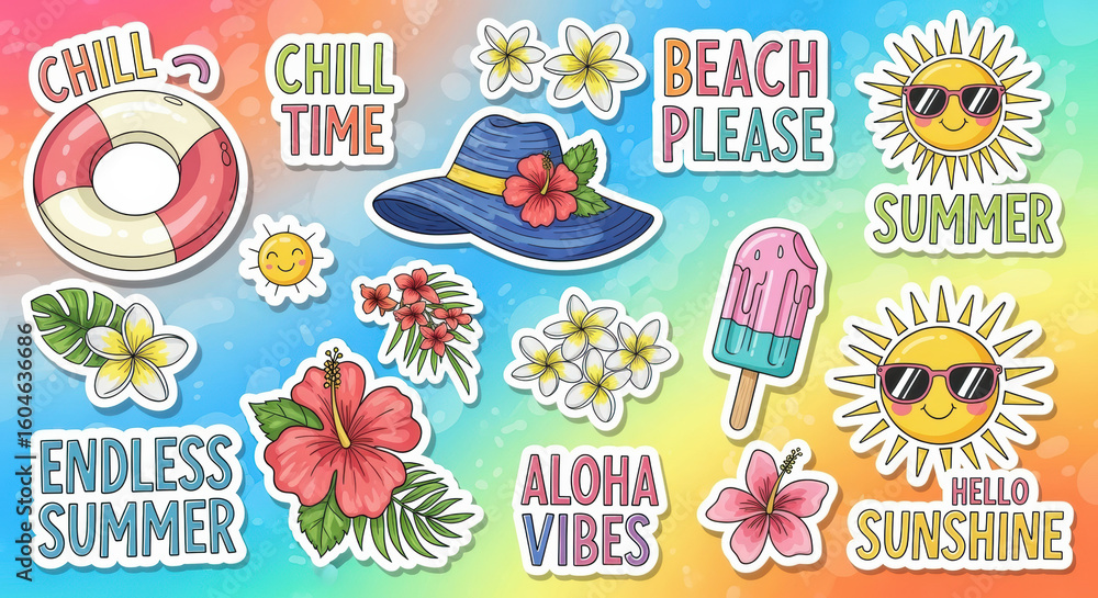 Fototapeta premium Cheerful summer themed sticker collection against a vibrant gradient background