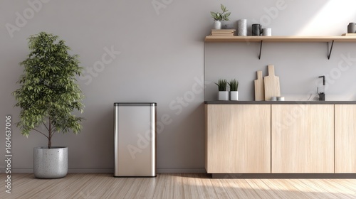 Modern kitchen interior with light wood cabinets, a stainless steel mini fridge, and a plant