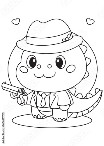 Coloring book dragon detective with a hat and gun.