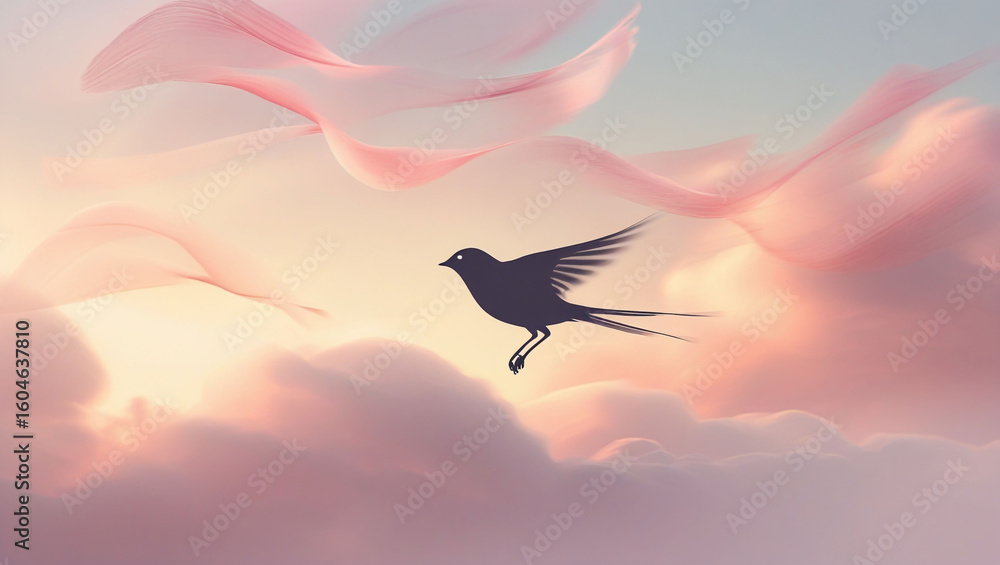 Fototapeta premium Silhouette bird flying pink clouds sky dreamy ethereal peaceful serene nature wallpaper background art