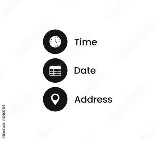 Vector illustration featuring time, date, and address icons. Perfect for business, event, schedule, and location-based designs