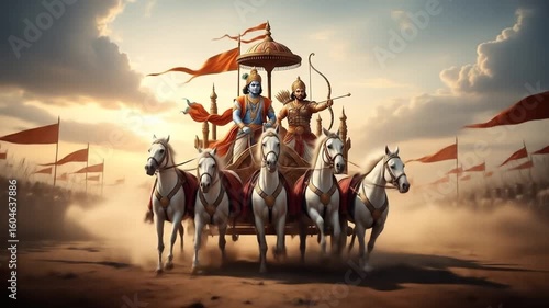Lord Krishna as Charioteer Guiding Arjuna into Battle During the Kurukshetra War in the Mahabharata