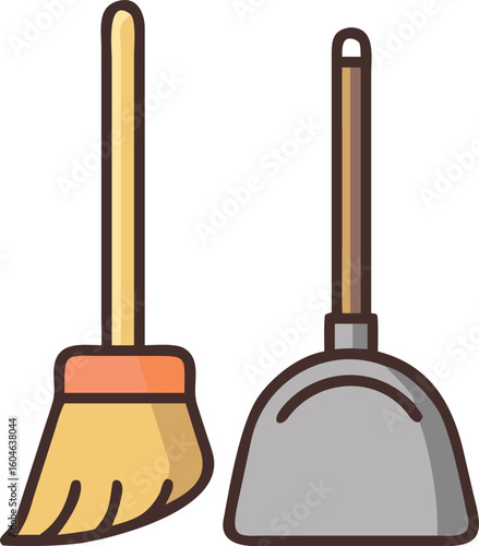 Yellow broom and grey dustpan cleaning tools