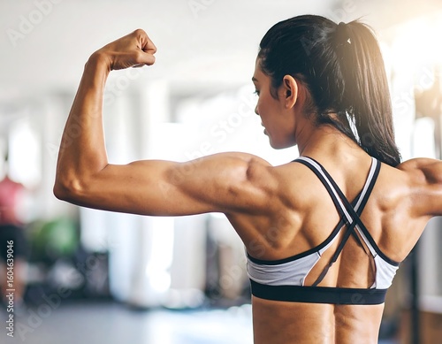 Woman flexing muscles in gym