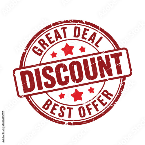 Red stamp-style discount label with bold “DISCOUNT” text, surrounded by “GREAT DEAL” and “BEST OFFER” slogans with decorative stars