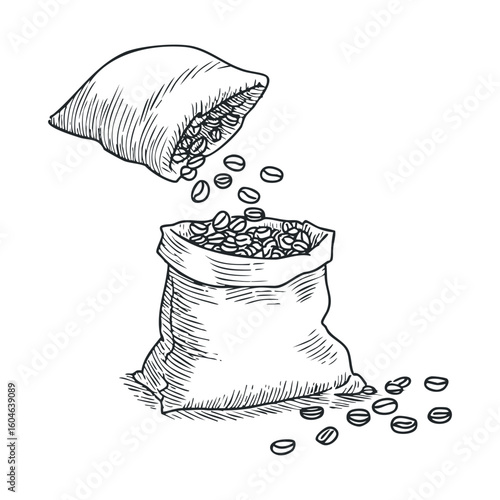 Coffee beans spilling from a burlap sack on a wooden surface