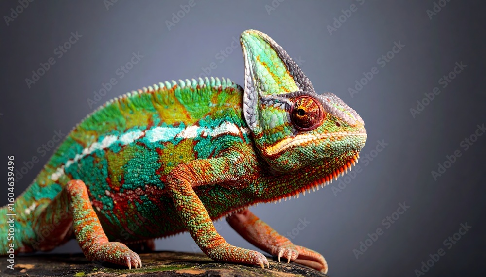 Obraz premium Vibrant chameleon portrait on a dark background