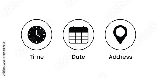 Event icon set with time, date, and location in circular black outline style. Perfect for schedules, invitations, apps, web interfaces, UI/UX design, and business presentation visuals