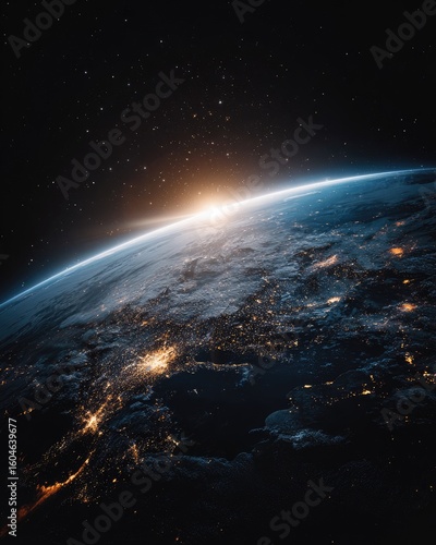 Earth rising, night view, from space