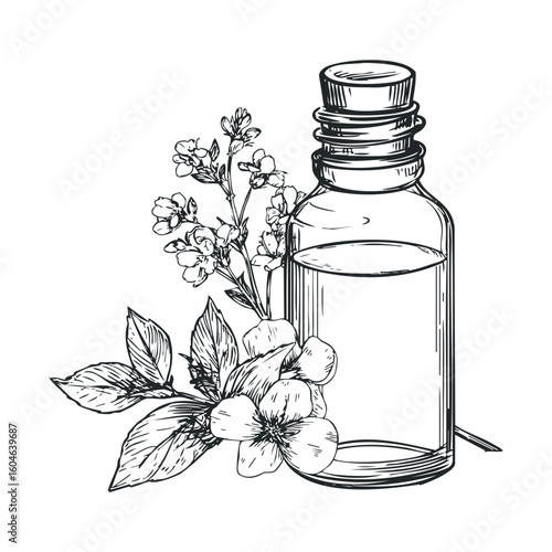 Herbal essence bottle with flowers and leaves on a white backdrop