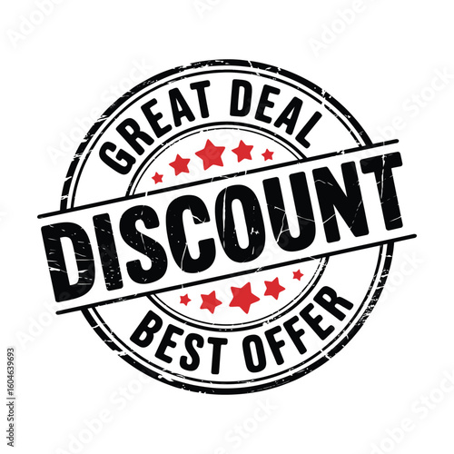 Red discount badge stamp icon with bold typography and stars, promoting best offer, great deal, and special sale for marketing materials