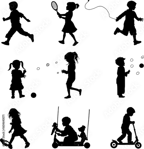 Children Silhouettes Playing with Toys, Scooters, Jump Ropes, and Swings in Outdoor and Indoor Settings