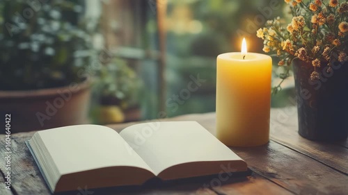 Wallpaper Mural Open book and lit candle on wooden table near plants, creating serene cozy atmosphere Torontodigital.ca