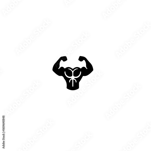 A simple black and white illustration of a muscular torso with arms raised flexing muscles