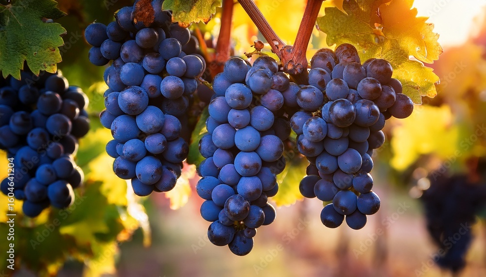 Naklejka premium close up of a bunch of ripe dark blue grapes on a vine