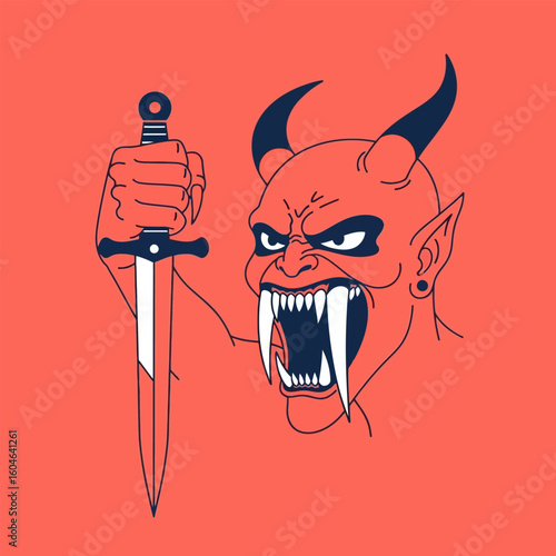 Menacing Demon Holding Sword with Sharp Fangs and Menacing Expression