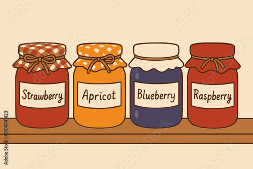 Colorful jars of strawberry, apricot, blueberry, and raspberry jam
