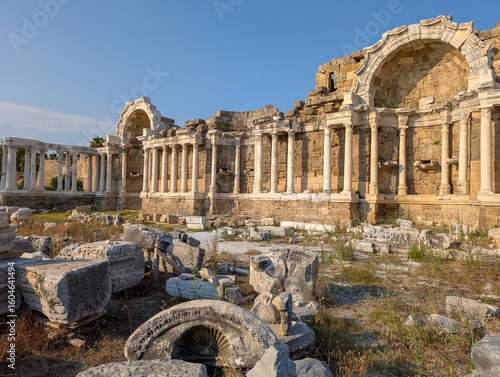 Ruins of the Ancient Monumental Fountain (Nymphaeum) in Side, Antalya Province, Turkey