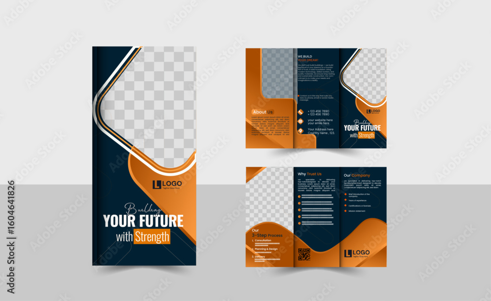 Modern Construction Tri fold Brochure design , Poster design , Graphic design , Brochure , print design , Colour theme , Adobe illustrator , photoshop , add, advertisement , annual . Creative design ,