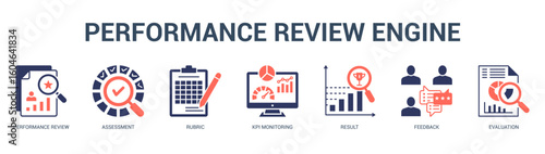 Performance Review Engine Modern and clean web banner illustration featuring thematic icons for visual communication