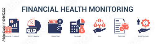 Financial Health Monitoring Modern and clean web banner illustration featuring thematic icons for visual communication