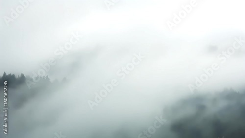 Misty mountain peaks emerge from a swirling sea of fog and clouds, hinting at a hidden forest under a dramatic sky cinematic video footage