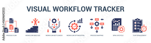 Visual Workflow Tracker Modern and clean web banner illustration featuring thematic icons for visual communication