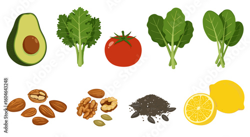 Assortment of healthy foods including avocado kale tomato spinach almonds walnuts seeds and lemon displayed