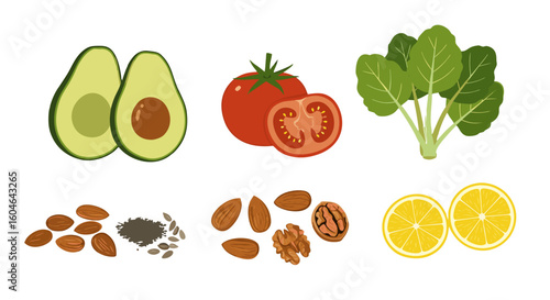 Illustration of healthy food including avocado tomato spinach nuts seeds and lemon slices on white