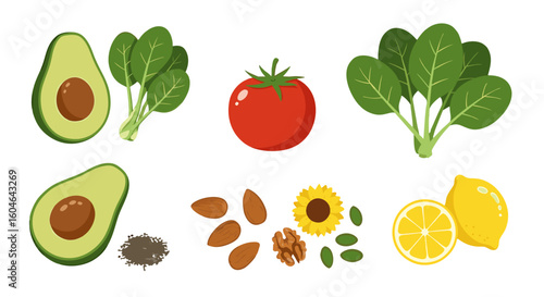 Illustration of avocado spinach tomato almonds sunflower seeds walnut and lemon on a white background