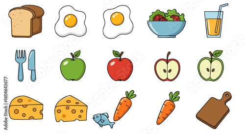 Illustration of a variety of foods including bread eggs salad juice apples cheese fish carrots and board