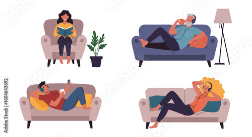 Illustration of people relaxing at home reading a book listening to music and using their phones on couches
