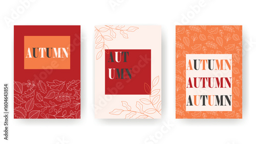 Set of autumn vertical layouts. Colorful fall modern design of flyer, postcard, poster, booklet, leaflet or card. Template with leaves, vector graphic