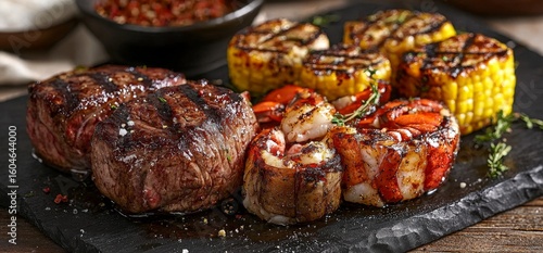 Indulge in a gourmet surf and turf experience with raw fillet mignon and lobster tail. 