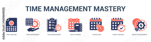 Time Management Mastery Modern and clean web banner illustration featuring thematic icons for visual communication