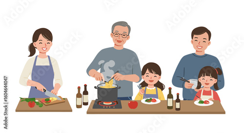 Family cooking dinner together with mom cutting vegetables and grandpa stirring the pot on the stove