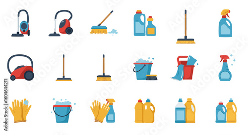 Illustration showcasing an array of cleaning supplies including mops vacuums and cleaning solutions