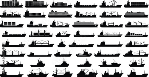 Silhouette illustrations showcasing various types of ships and cargo vessels in black and white style