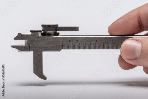 Close-up of a hand holding a caliper measuring an object on a plain background